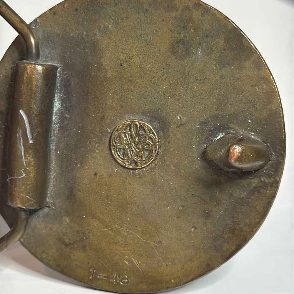 VINTAGE BERGAMOT BRASS WORKS WOMAN AND PEACOCK BUCKLE & BOHO FLORAL LEATHER BELT - Picture 9 of 10